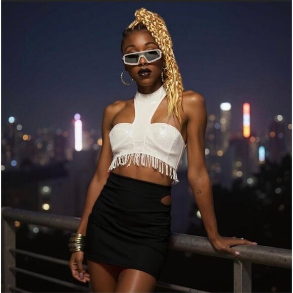 Bustier Top – Club Exx – Iridescent White – Sequin Halter w/ Fringe & Open Back - Picture 3 of 3